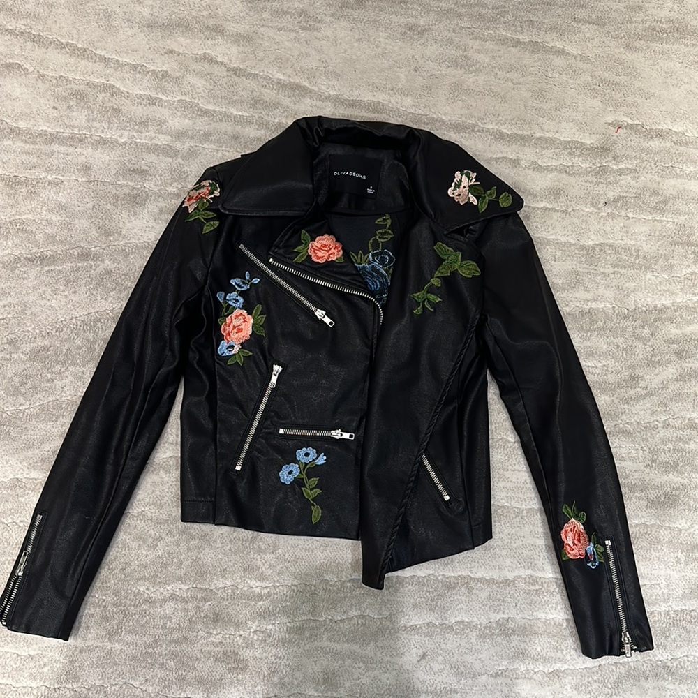 Embroidered Vegan Leather Jacket - Picture 2 of 2